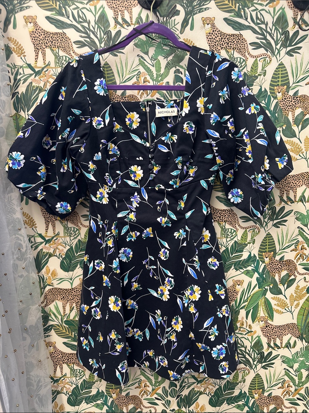 NICHOLAS Black Floral Puff Sleeve Mini Dress with Blue and Yellow Blooms